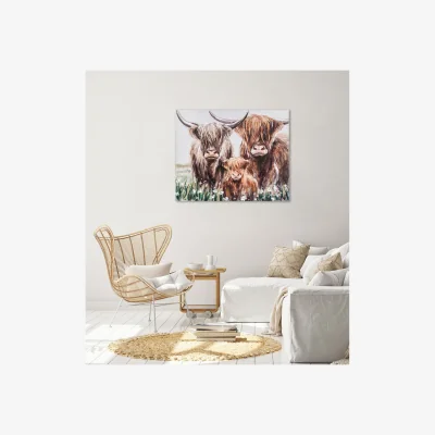 The Range Hand Painted Highland Cow Family Canvas - Multicolour