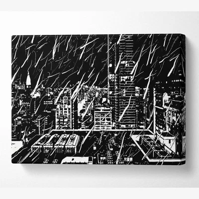 The Range City Illustration B n W Canvas Print Wall Art - Yellow / 101.6cm