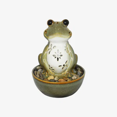 The Range Frog Tabletop Indoor Fountain  Water Feature with LED Light and Pebbles - Green