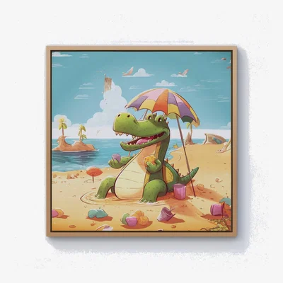 The Range A Crocodile On A Beach Holiday Canvas Print - Yellow / 101.6cm / Pine Frame