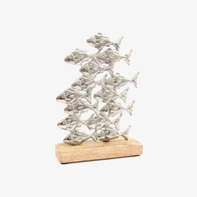 The Range Shoal of Metal Fish on Wooden Base  - Silver