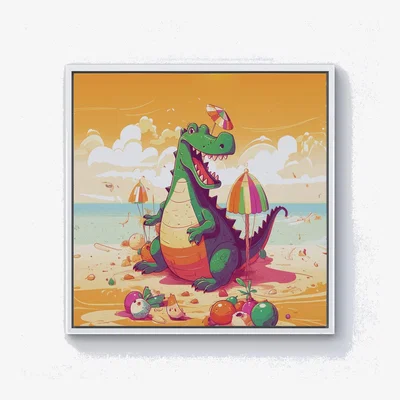 The Range Crocodile On A Beach Holiday Canvas Print - Yellow / 40.6cm / White Frame