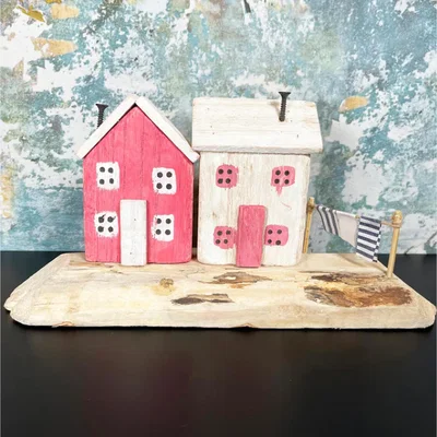 The Range Wooden Harbour Cottages On Wooden Base 30cm - Pink