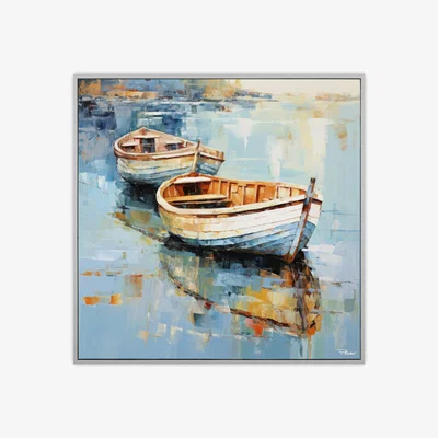 The Range Wooden Boat On The Water Framed Art - Blue