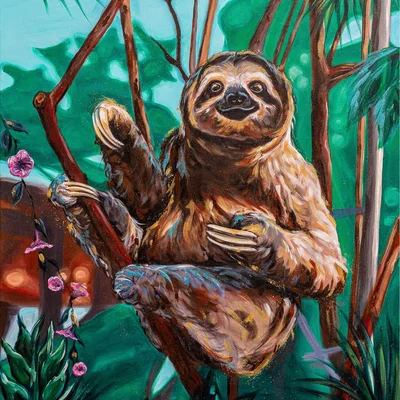 The Range Sloth Art Print Wrapped on Canvas - green