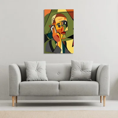 The Range portrait cubism art style,man calls on a phone Canvas Print - Green / 152cm / 101cm