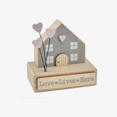 The Range Love Lives Here House on Wooden Base  - Grey