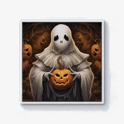 The Range Spooky White Ghost Holding Pumpkin Canvas Print - White / 40.6cm / White Frame
