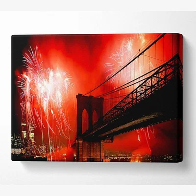 The Range Brooklyn Bridge Fireworks Canvas Print Wall Art - Yellow / 35.56cm