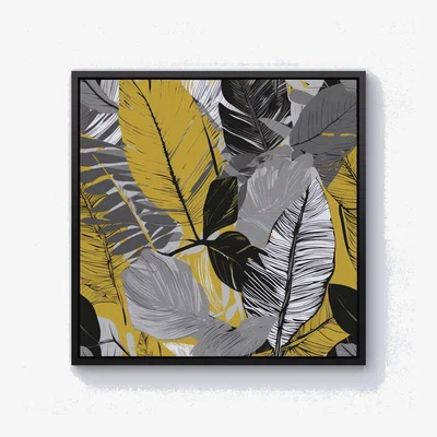 The Range Grey Yellow Floral Leaves Canvas Print - Yellow / Black Frame / 101.6cm