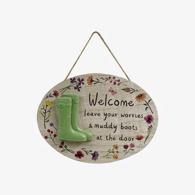 The Range Welcome Muddy Boots Hanging Plaque - Natural