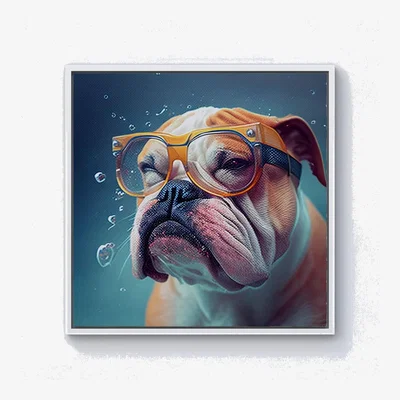 The Range Bulldog With Glasses Splashart Canvas Print - Brown / White Frame / 40.6cm