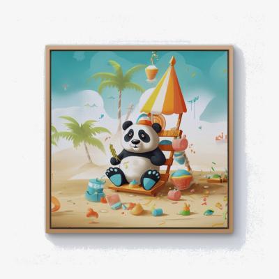 The Range Happy Panda On A Beach Holiday Canvas Print - Yellow / 25.4cm / Pine Frame