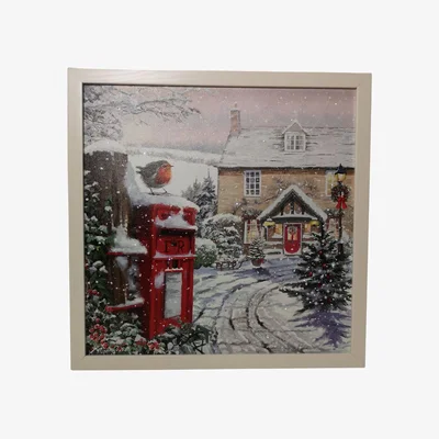 The Range Light up Snowy Christmas Robin Scene Picture Canvas - red