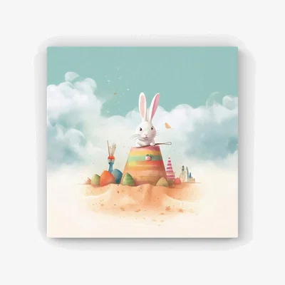 The Range White Rabbit On A Beach Holiday HD Metal Print - Yellow / 56cm