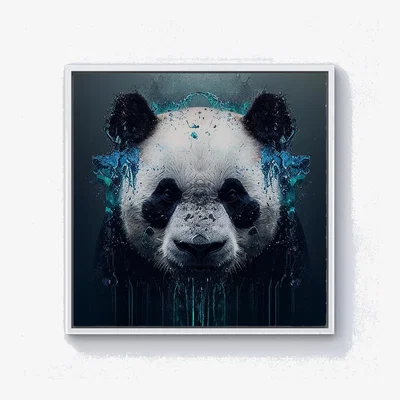 The Range Panda Face Splashart Dark Background Canvas Print - Blue / White Frame / 101.6cm