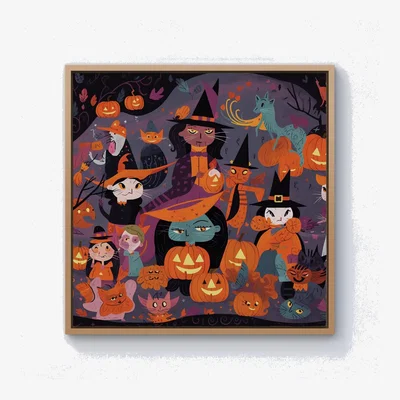 The Range A Vibrant And Colorful Illustration Of Witches And Pumpkin Canvas Print - Orange / 101.6cm / Pine Frame