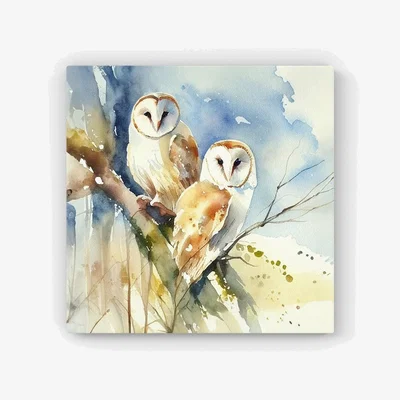 The Range Barn Owls Watercolour HD Metal Print - Brown / 30cm