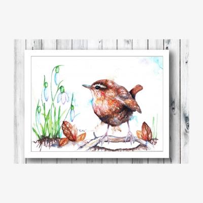 The Range Wren and Snowdrops Framed Art - Brown / 14.8cm