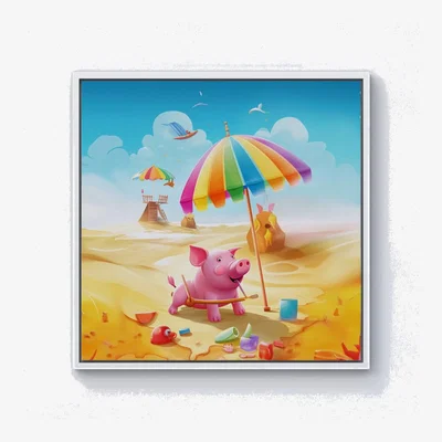 The Range Pig On A Beach Holiday Canvas Print - Yellow / 101.6cm / White Frame