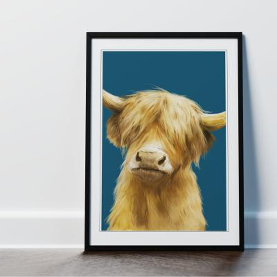 The Range Highland Cow Turquoise Framed Wall Art Print - Black Frame - Turquoise