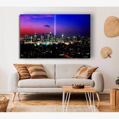 The Range New York City Night Beam Canvas Print Wall Art - Yellow / 66.04cm