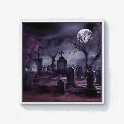 The Range Witchs Moonlit Cemetery Design Canvas Print - Purple / 40.6cm / White Frame
