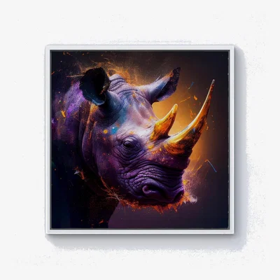 The Range Golden Rhino Face Splashart Canvas Print - Grey / White Frame / 40.6cm