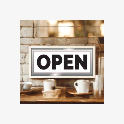 The Range Wall Art Framed Print Open Sign - White