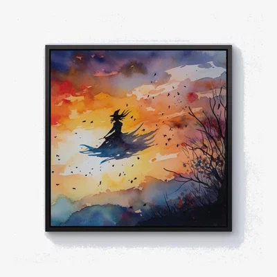 The Range A Mesmerizing Watercolor Artwork Featuring A Graceful Witch Canvas Print - Orange / Black Frame / 101.6cm