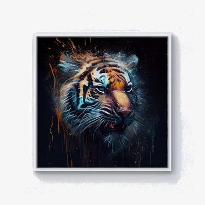 The Range Tiger Face Splashart Dark Background Canvas Print - Brown / 40.6cm / White Frame