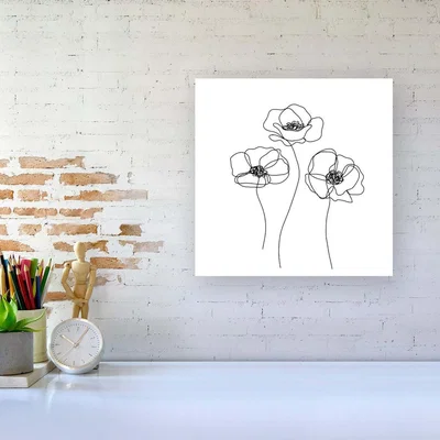 The Range Monochrome Line Drawn Poppies Canvas Print - White / Large