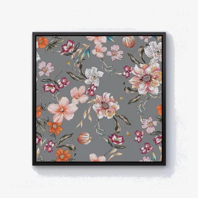 The Range Peony, Lily, Tulip, Daisy Colorful On Grey Background Canvas Print - Grey / 40.6cm / Black Frame