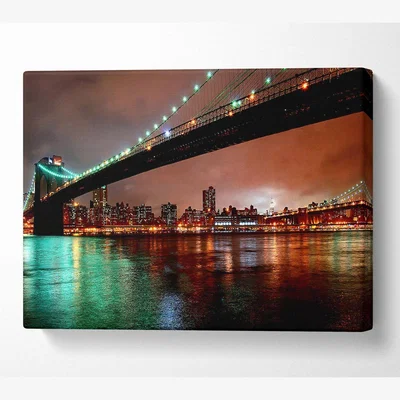 The Range Brooklyn Bridge New York At Night Canvas Print Wall Art - Yellow / 81.28cm