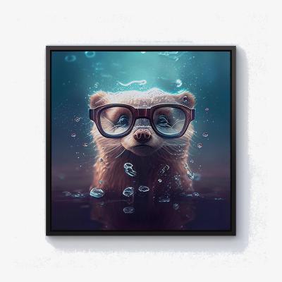 The Range Ferret With Glasses Splashart Water  Canvas Print - Blue / Black Frame / 101.6cm