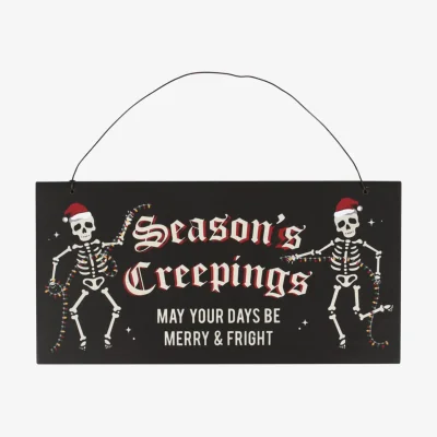 The Range Season's Creepings Hanging Sign - Gothic Christmas Decor with Dancing Skeletons - Black