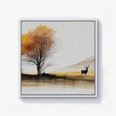 The Range Autumn Landscape Stag Watercolour Canvas Print - Brown / 76.2cm / White Frame