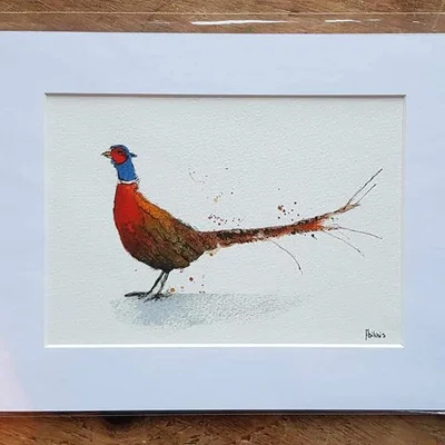The Range Watercolour Pheasant 8x6 inch Mounted - White