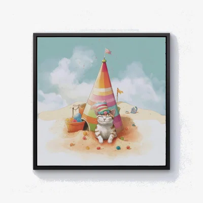 The Range Cat On A Beach Holiday Canvas Print - Yellow / Black Frame / 25.4cm