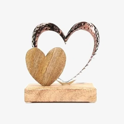 The Range Double Heart On Wooden Base Ornament - Silver