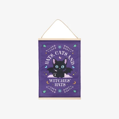The Range Enchanting Bats, Cats  Witches Hats Fabric Wall Hanging Decor - Blue