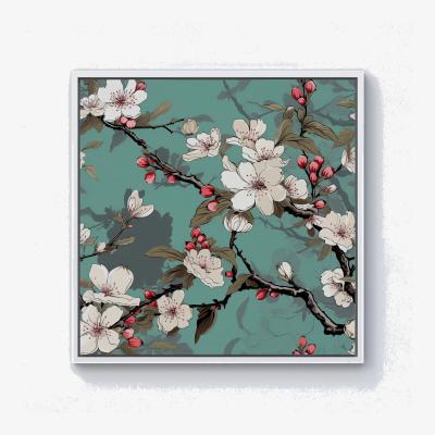 The Range Pink Blossom Asian Design Canvas Print - Green / White Frame / 25.4cm