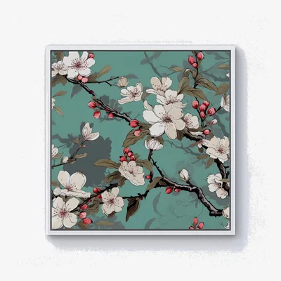 The Range Pink Blossom Asian Design Canvas Print - Green / White Frame / 25.4cm