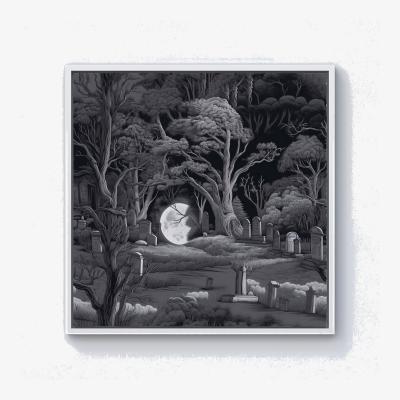 The Range Eerie Moonlit Cemetery Canvas Print - Grey / 25.4cm / White Frame