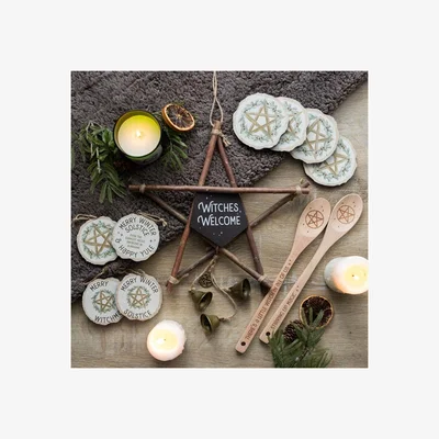The Range Witches Welcome Rustic Pentagram Sign With Bells - Gold