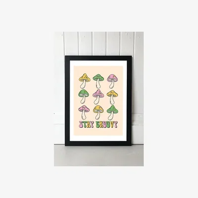 Urban Outfitters Groovy Mushroom Wall Art Print - Black UK 3 at Urban Outfitters