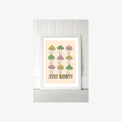 Urban Outfitters Groovy Mushroom Wall Art Print - White UK 3 at Urban Outfitters