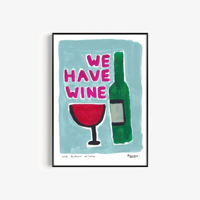Wolf & Badger Blue We Have Wine Hand Painted Art Print - A3 | Natalie Cass Art