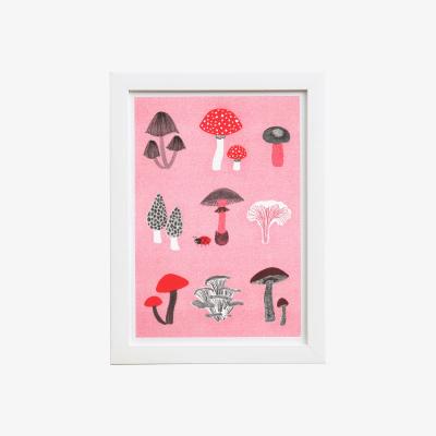 Wolf & Badger Red Mushroom Medley Risograph Print Rosa & Clara Designs