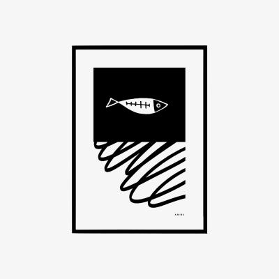 Wolf & Badger Black / White Gone Fishing Art Print: Black And White Fish Illustration With Abstract Line Awol